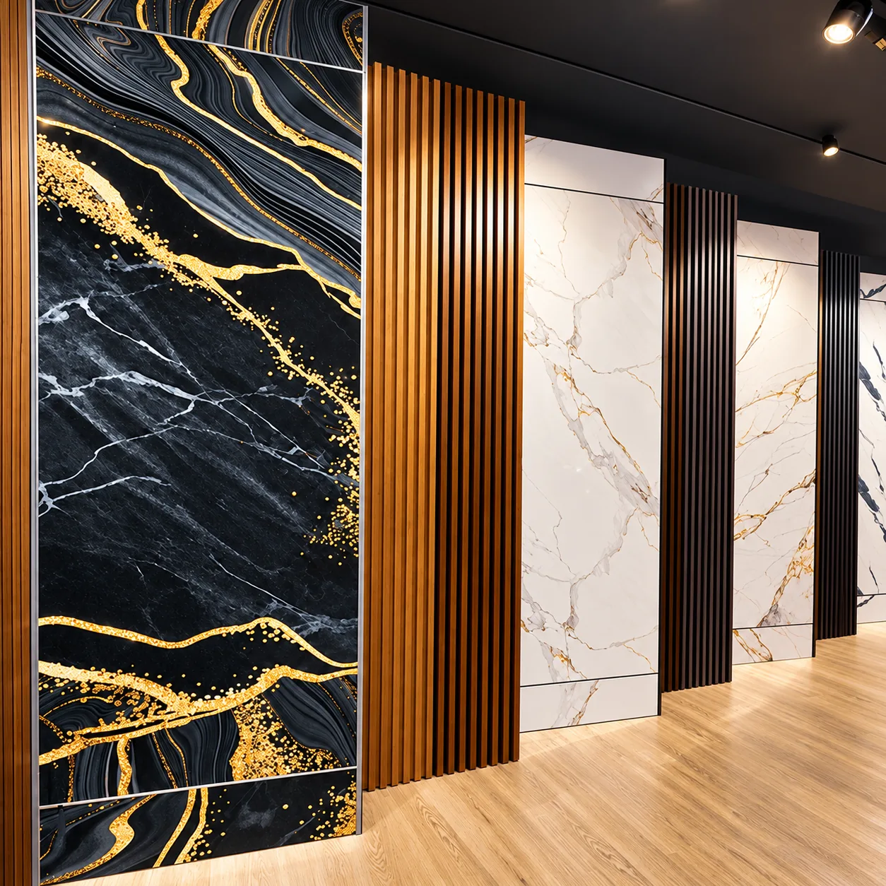Luxury marble-effect wall panels in black, white, and gold, displayed alongside vertical wooden slats in a modern interior design showroom.