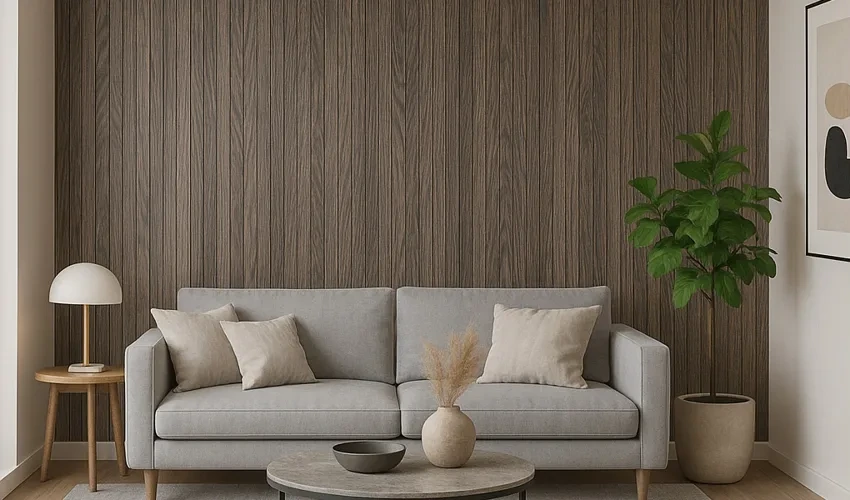 Sofa against a wood-effect wall panel