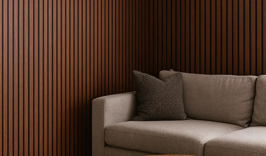 Sofa against a dark brown fluted wall panel
