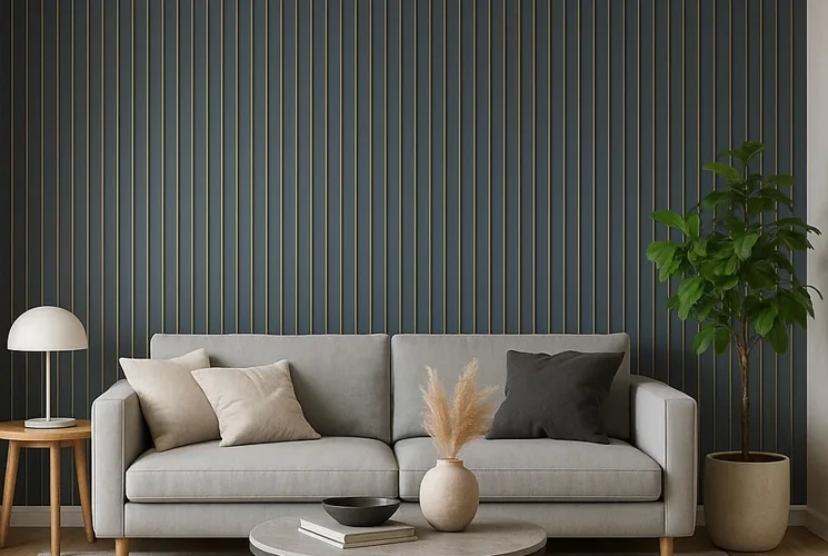 Grey sofa against a dark green fluted wall panel with a plant