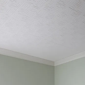 Patterned white ceiling panels with a cornice